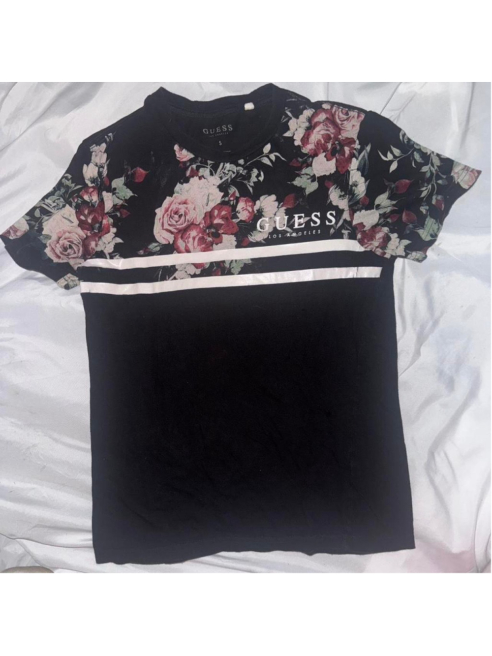 Guess black floral TIGHT FITTED short sleeve t-shirt with white stripes and red